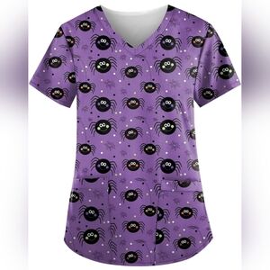 NWOT💜Adorable Purple Scrub Top with Black Smiley Spiders Sz XL  Halloween🎃